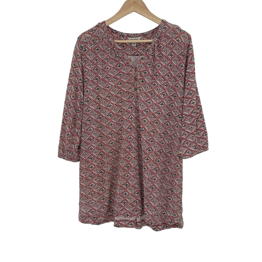 Lucky Brand Plus Size Red Black Diamond Woodblack Peasant Blouse‎ 1x Preppy Boho